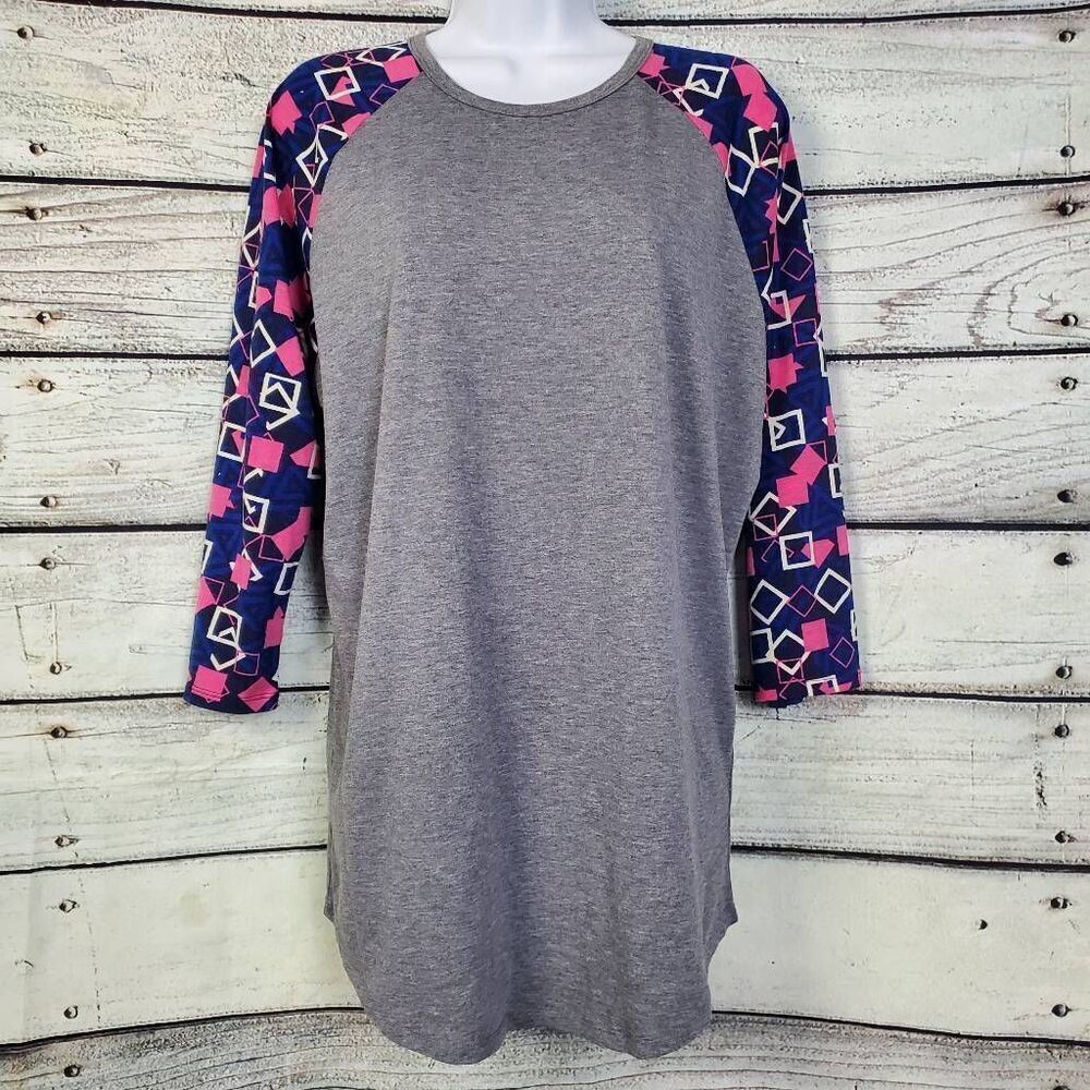 LuLaRoe Women’s XL Randy Raglan Tunic Top Gray Pink Navy Geometric Sleeves